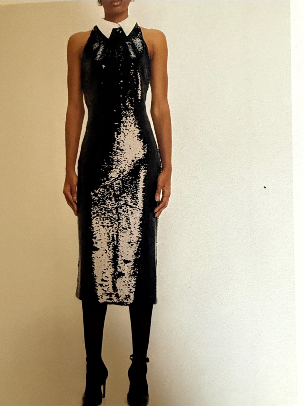 L'AGENCE Black Sequin Halter Midi Dress with White Contrast Collar - Picture 4 of 5